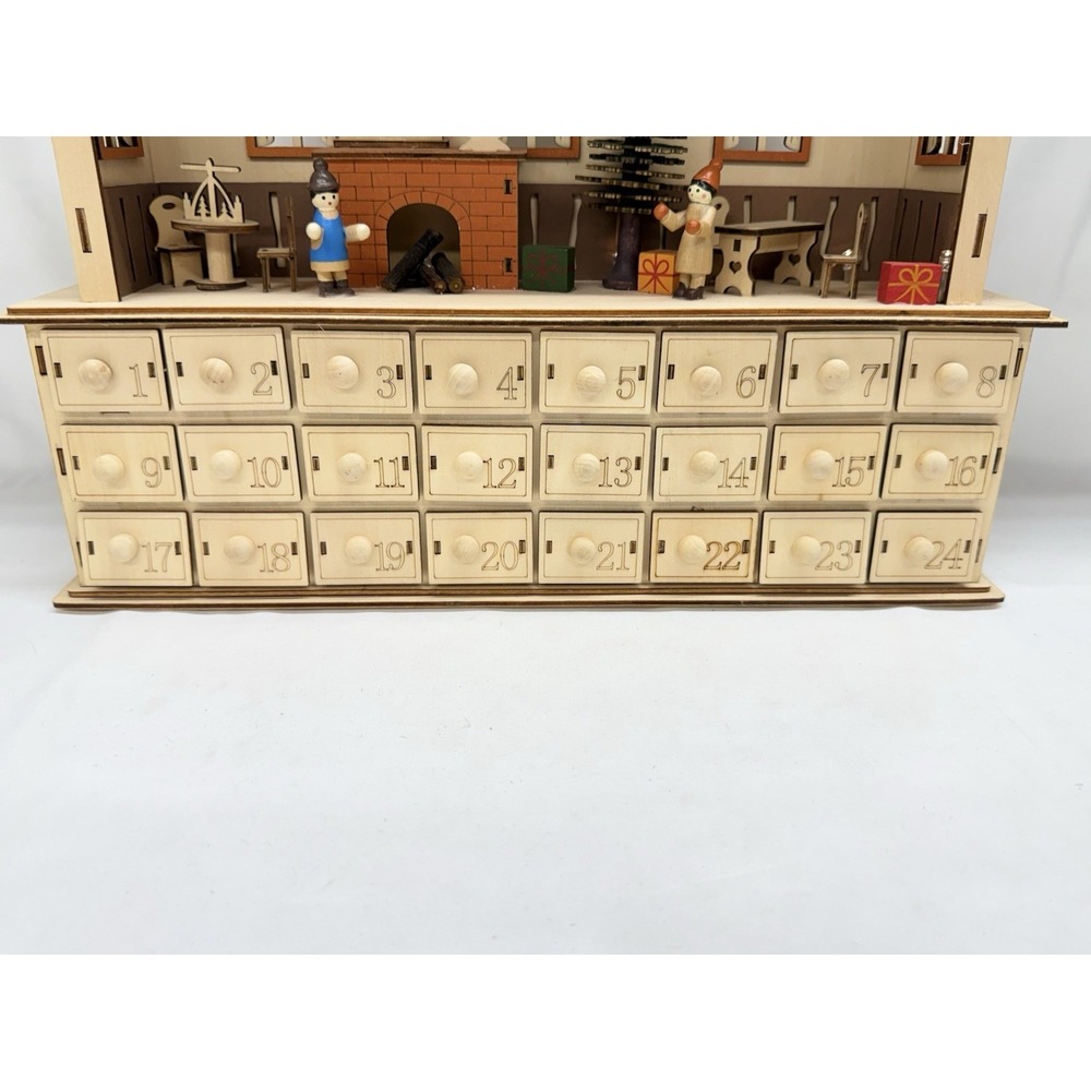 Lighted Wooden Advent Calendar 3D Holiday HomeScene LED 24 Drawers 15" Tall - Picture 6 of 11